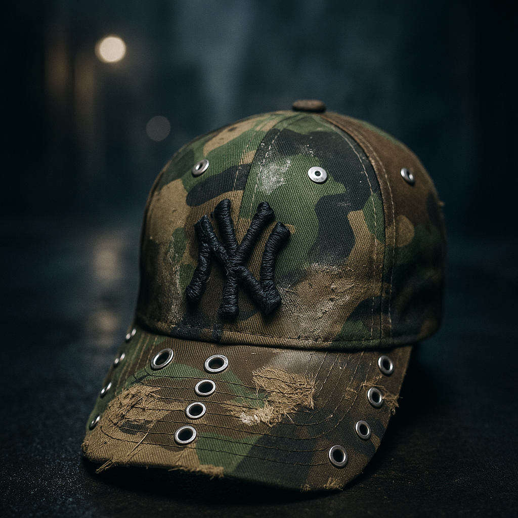 Handgefertigte Camouflage Cap distressed Details Metal Eyelets Industrial